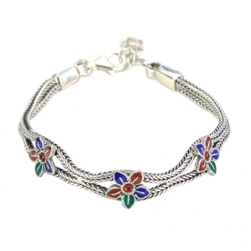 Heritage Collection Vintage Inspired Adjustable Sterling Silver Chain Bracelet - Teacup Flowers