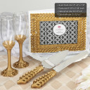 Gold lattice botanical collection set, consisting of a cake knife set, a flute set and a guest book