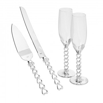 Heart To Heart Collection Silver cast metal 4 Piece Glass And Cake Server Set