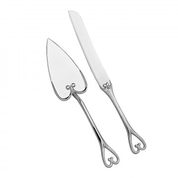 Heart themed silver cake knife and server set