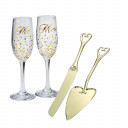 Golden splendor Mr & Mrs glass toasting set with gold plated all metal cake knife set