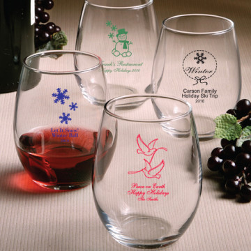 Stemless Wine Glasses - Holiday Designs (gift boxes available)