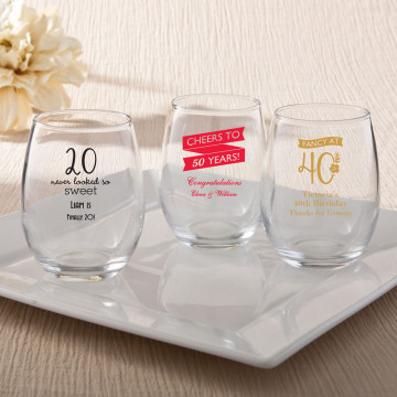 Personalized 9 oz Stemless Wine Glasses From PartyFairyBox®- birthday design