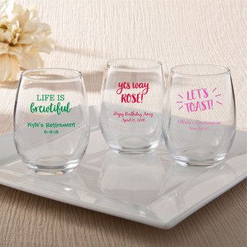 Personalized 9 oz Stemless Wine Glasses From PartyFairyBox®- Celebration Design