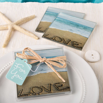 Beach Love themed set of 2 glass coasters from PartyFairyBox