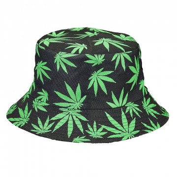 bucket hat - black hat with green leaves