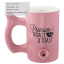 Pink roast & Toast mug with black logo