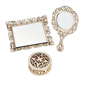Vanity set - 3 piece set - covered box, hand mirror, mirror tray - champagne Gold